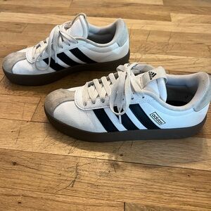 Adidas Men's White and Black Sneakers with Brown Sole